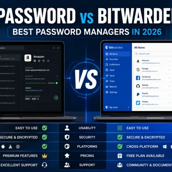 Comparison of 1Password and Bitwarden password managers showing security features, usability, pricing, cross-platform support, and password management capabilities.