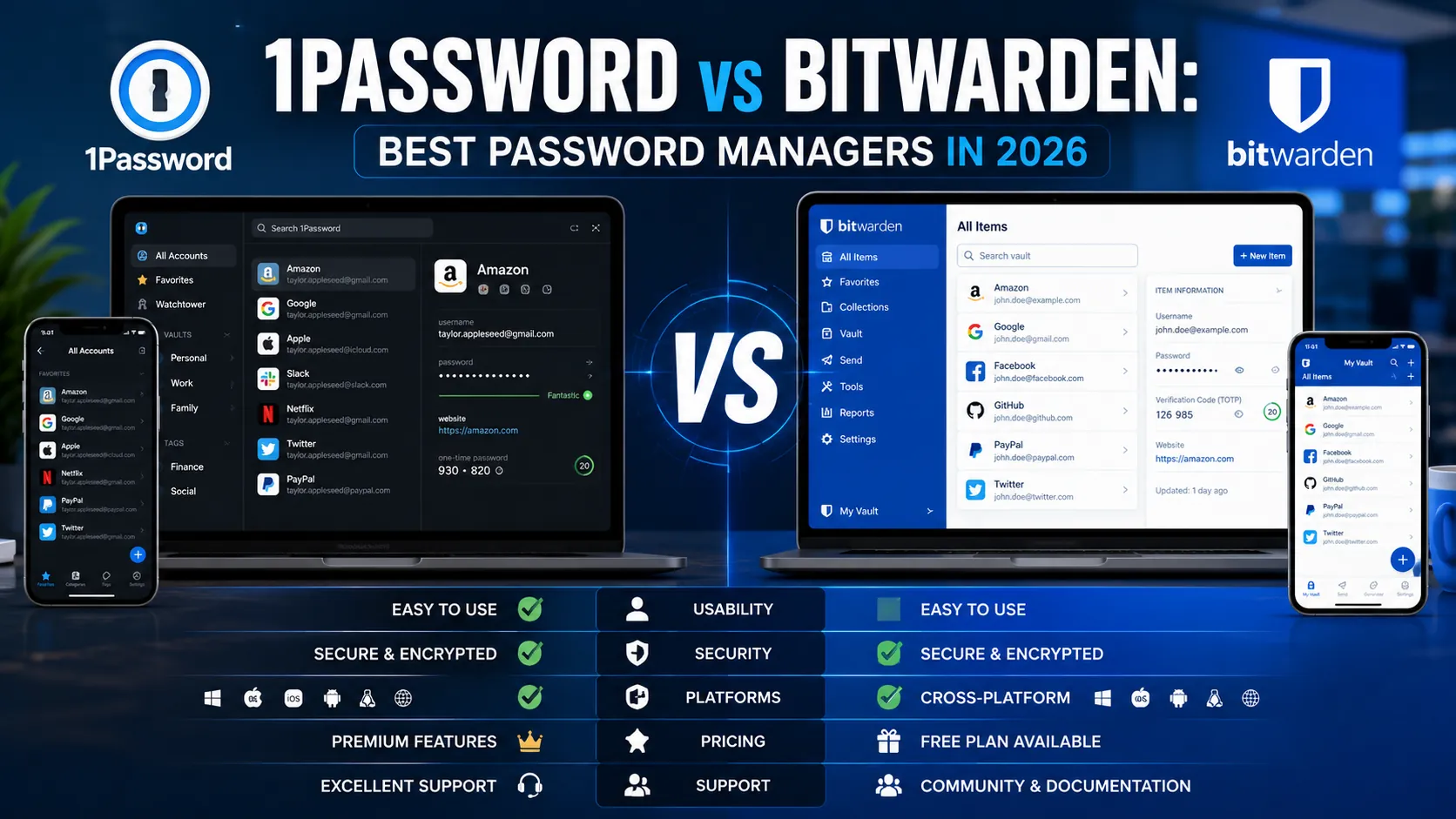 Comparison of 1Password and Bitwarden password managers showing security features, usability, pricing, cross-platform support, and password management capabilities.