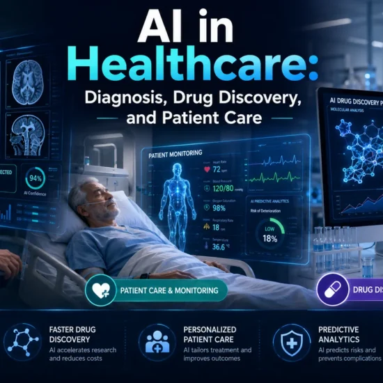 AI healthcare technology showing medical diagnosis systems, drug discovery analytics, patient monitoring dashboards, and artificial intelligence improving healthcare delivery