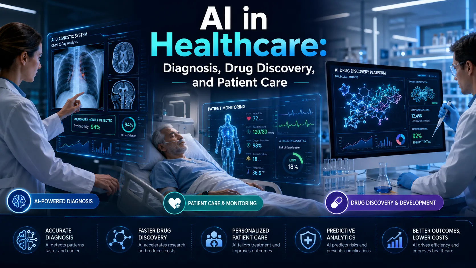 AI healthcare technology showing medical diagnosis systems, drug discovery analytics, patient monitoring dashboards, and artificial intelligence improving healthcare delivery
