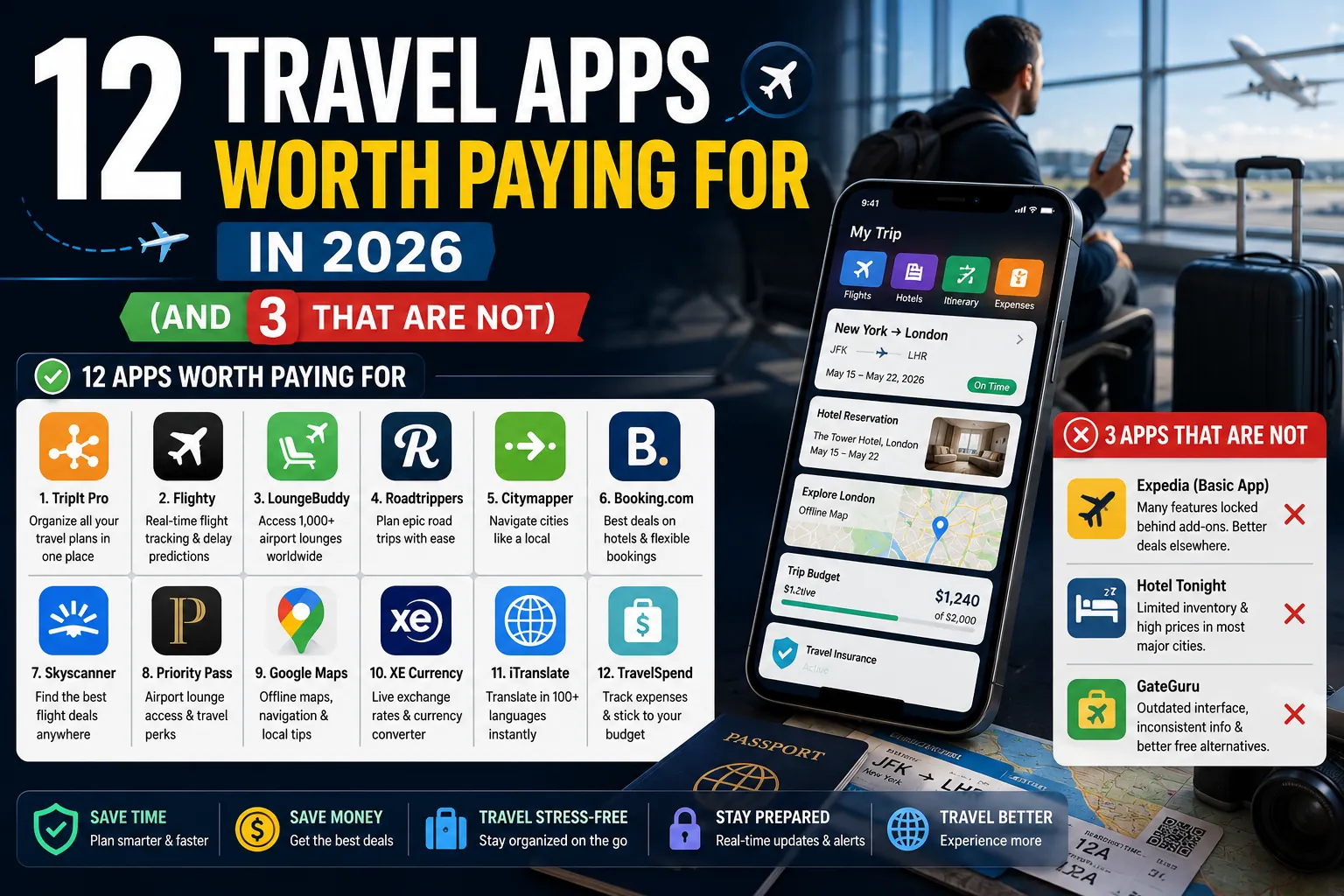 Collection of premium travel apps for flight tracking, hotel booking, navigation, budgeting, translation, and trip planning shown on a smartphone travel dashboard.