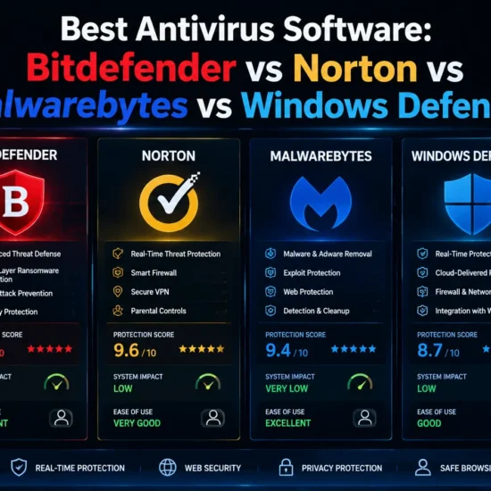 Comparison of Bitdefender, Norton, Malwarebytes, and Windows Defender antivirus software showing security features, malware protection, performance impact, and threat detection capabilities