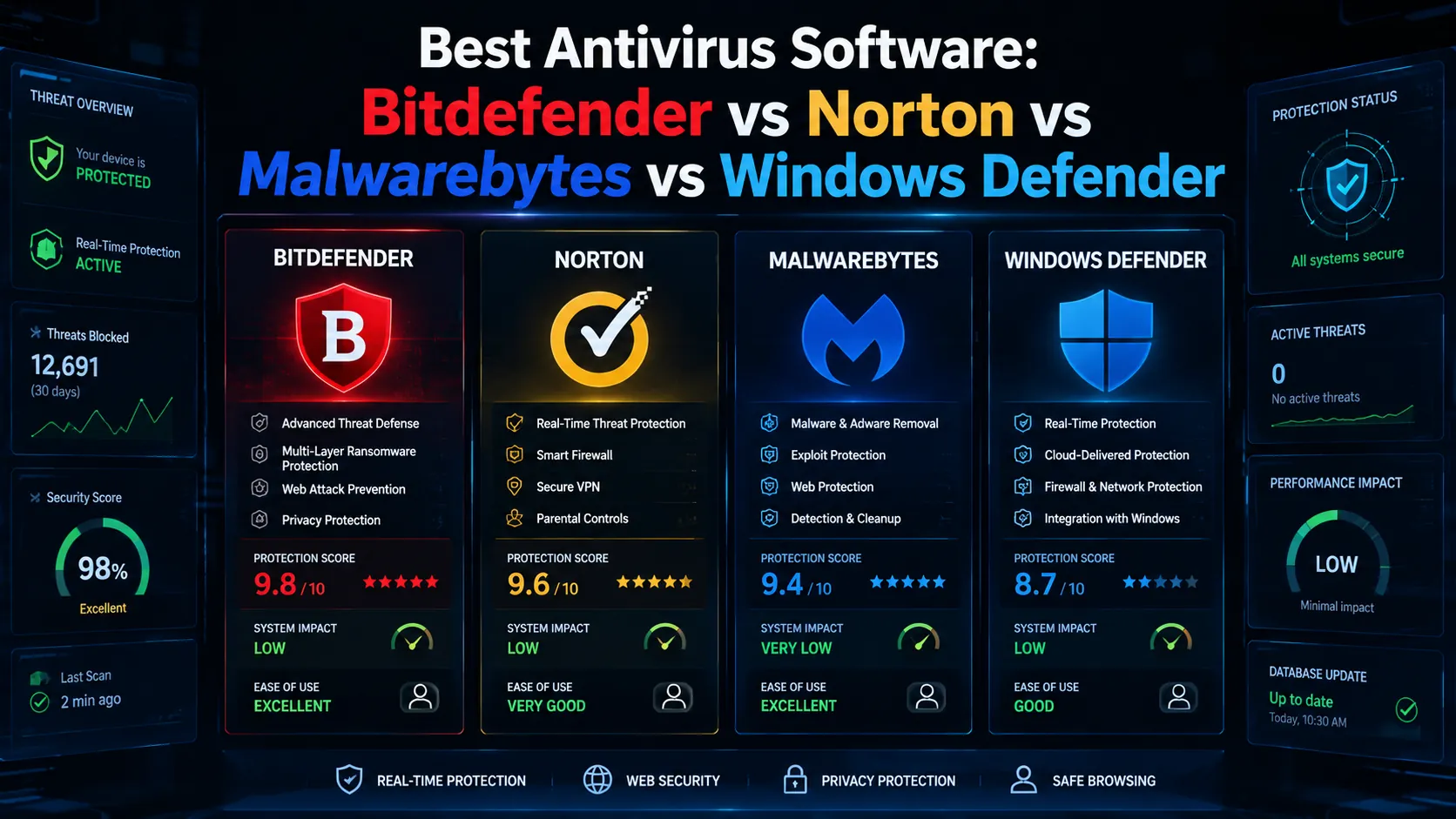 Comparison of Bitdefender, Norton, Malwarebytes, and Windows Defender antivirus software showing security features, malware protection, performance impact, and threat detection capabilities