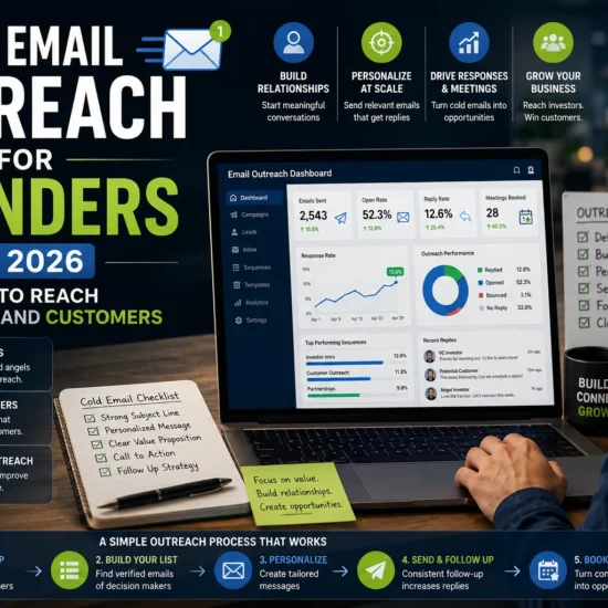 Startup founder using cold email outreach strategies to connect with investors and customers through personalized email campaigns, CRM dashboards, and lead generation tools.