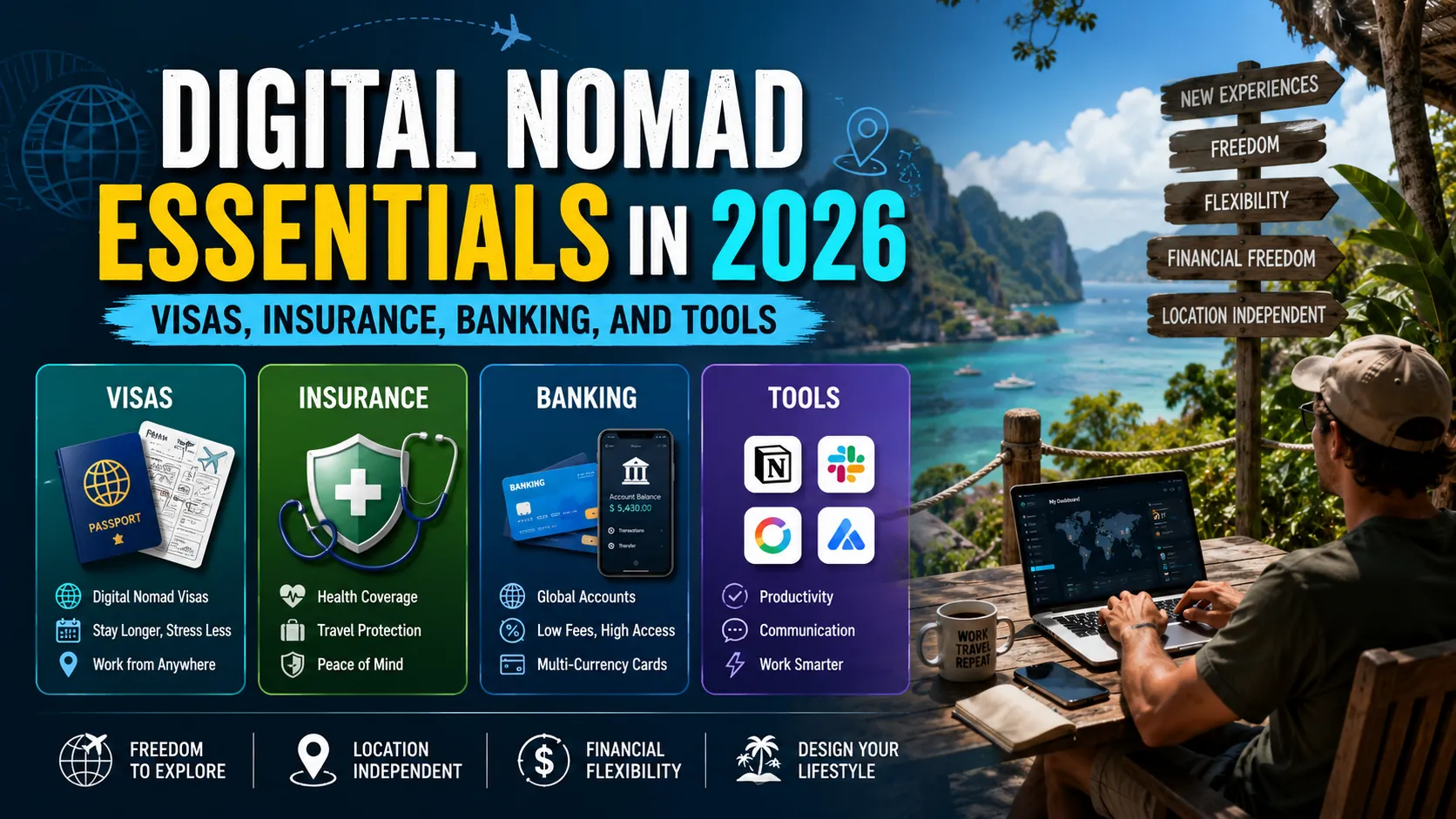 Digital nomad working remotely with travel visa, insurance, banking, and productivity tools for location-independent work and global travel.