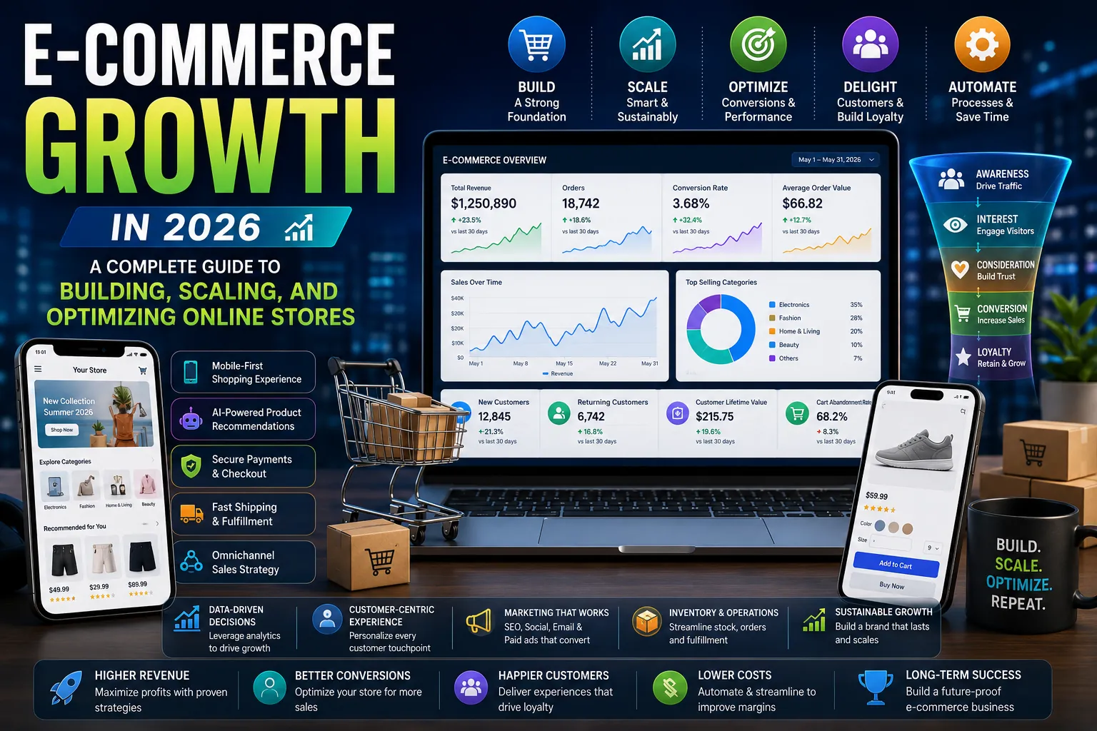 E-commerce growth dashboard showing online store analytics, conversion optimization, customer acquisition, sales growth metrics, and strategies for scaling an online business.