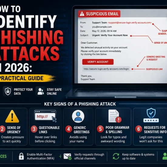 Guide showing how to identify phishing attacks with examples of suspicious emails, fake links, urgent messages, and common cybersecurity warning signs.