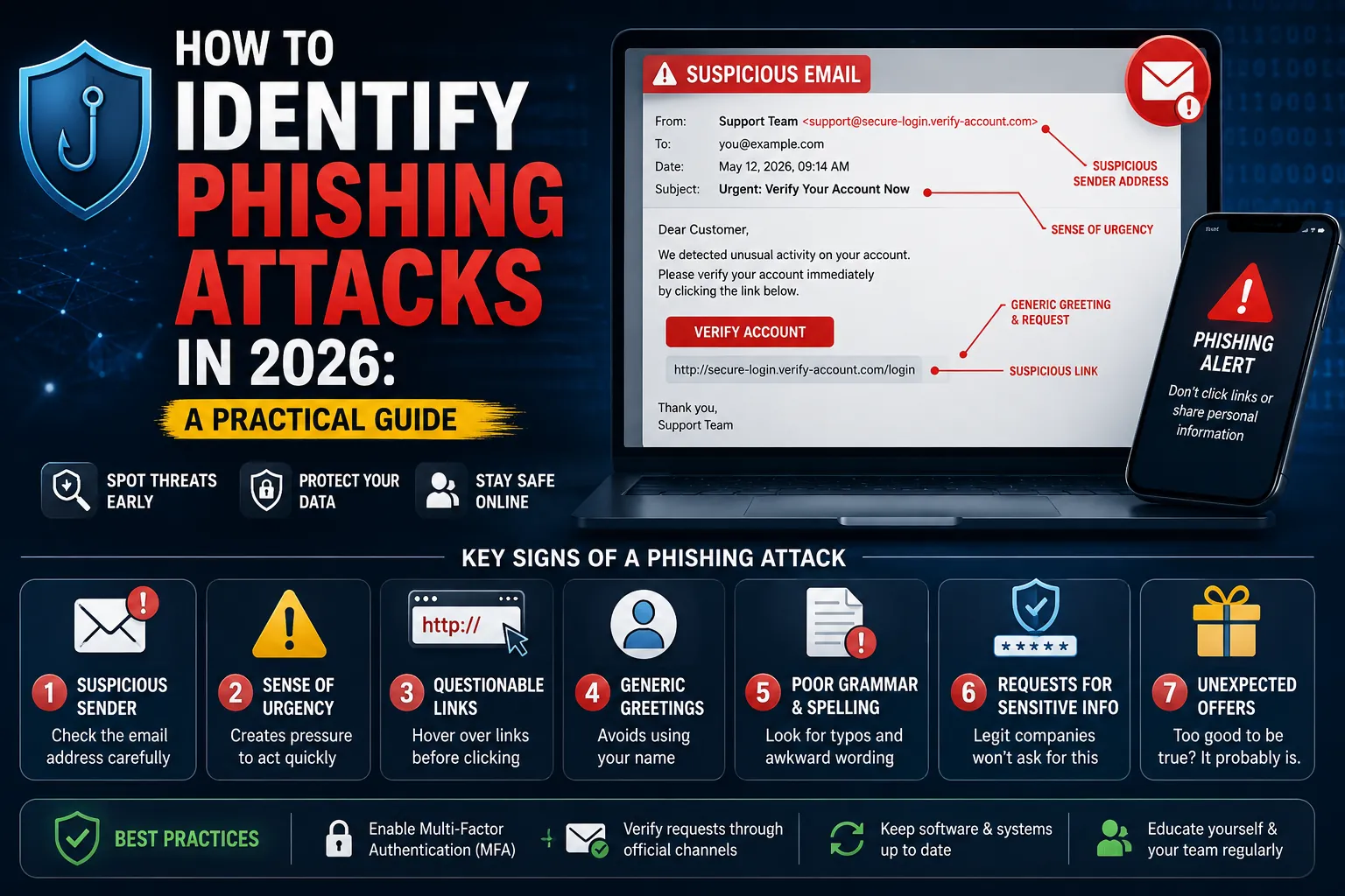 Guide showing how to identify phishing attacks with examples of suspicious emails, fake links, urgent messages, and common cybersecurity warning signs.