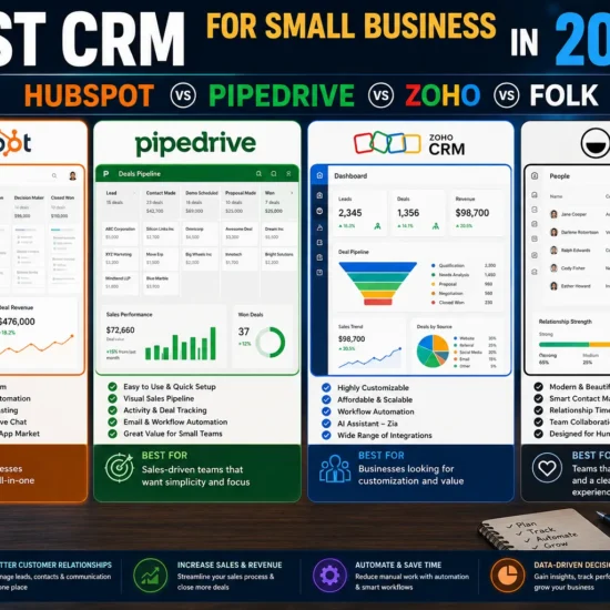 Comparison of HubSpot, Pipedrive, Zoho CRM, and Folk CRM showing sales pipelines, lead management, CRM automation, customer tracking, and business growth tools.