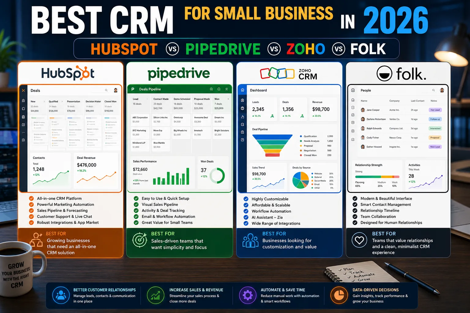Comparison of HubSpot, Pipedrive, Zoho CRM, and Folk CRM showing sales pipelines, lead management, CRM automation, customer tracking, and business growth tools.