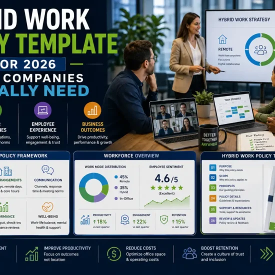 Hybrid work policy template showing remote and in-office workforce management, employee scheduling, collaboration tools, HR frameworks, and workplace productivity strategies.
