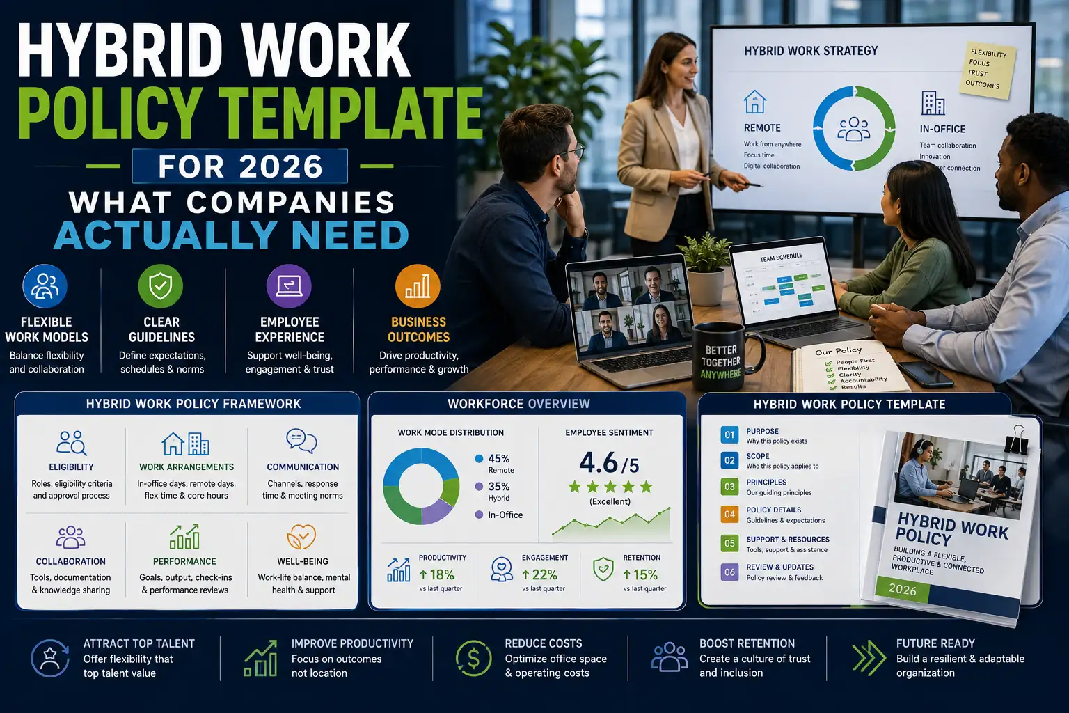 Hybrid work policy template showing remote and in-office workforce management, employee scheduling, collaboration tools, HR frameworks, and workplace productivity strategies.