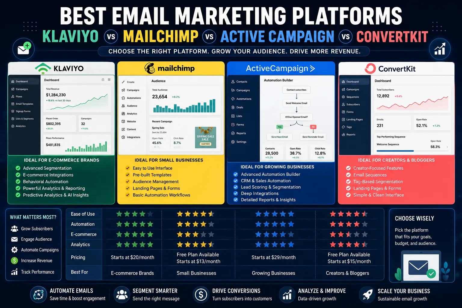 Comparison of Klaviyo, Mailchimp, ActiveCampaign, and ConvertKit email marketing platforms featuring automation workflows, subscriber management, email campaigns, and marketing analytics.