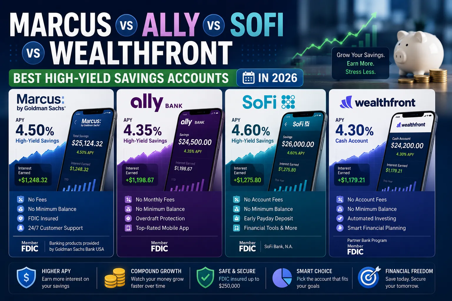 Comparison of Marcus, Ally, SoFi, and Wealthfront high-yield savings accounts showing APY rates, interest earnings, digital banking features, and savings growth potential.