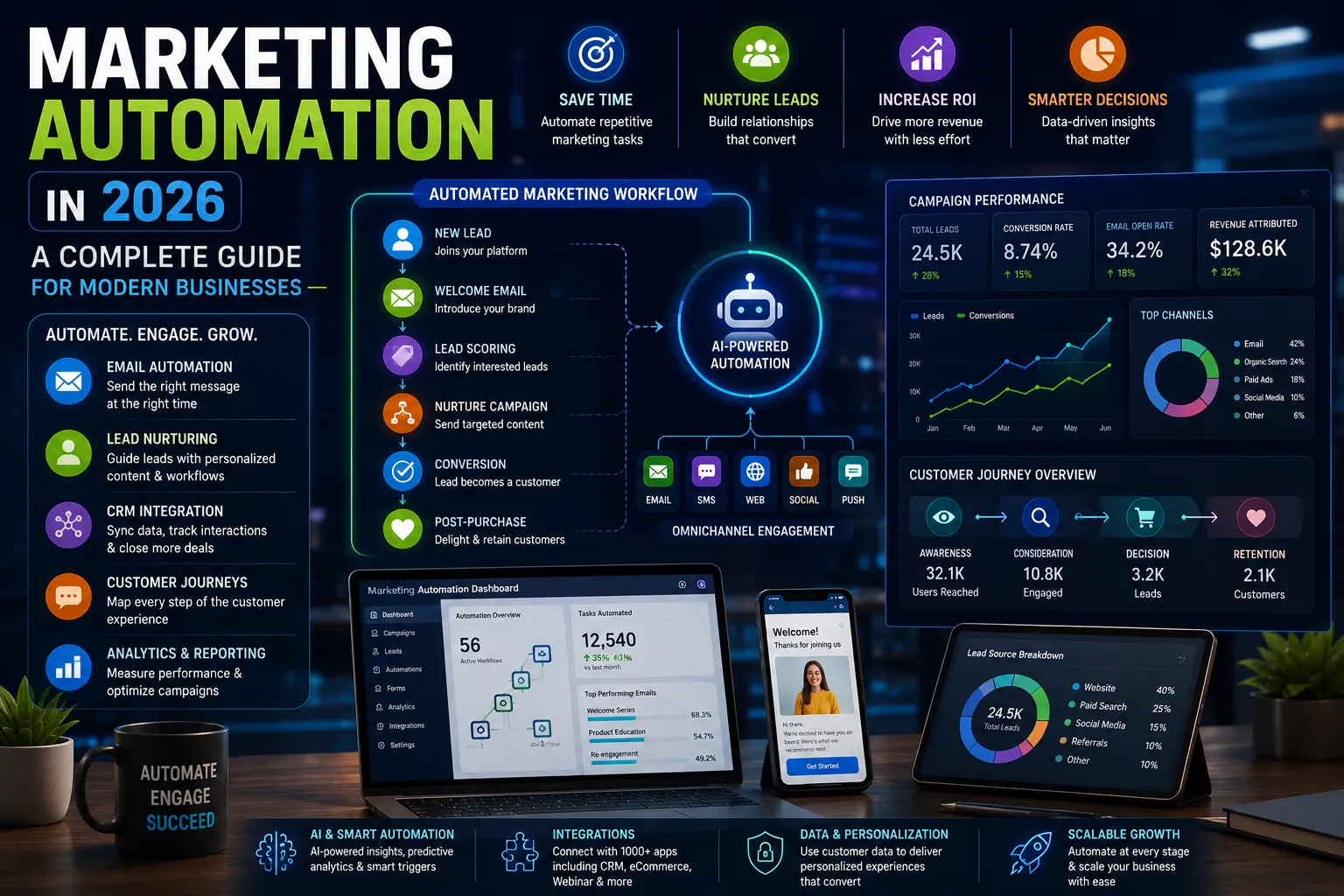 Marketing automation dashboard showing automated workflows, lead nurturing campaigns, CRM integration, customer journey mapping, omnichannel marketing, and AI-powered analytics.