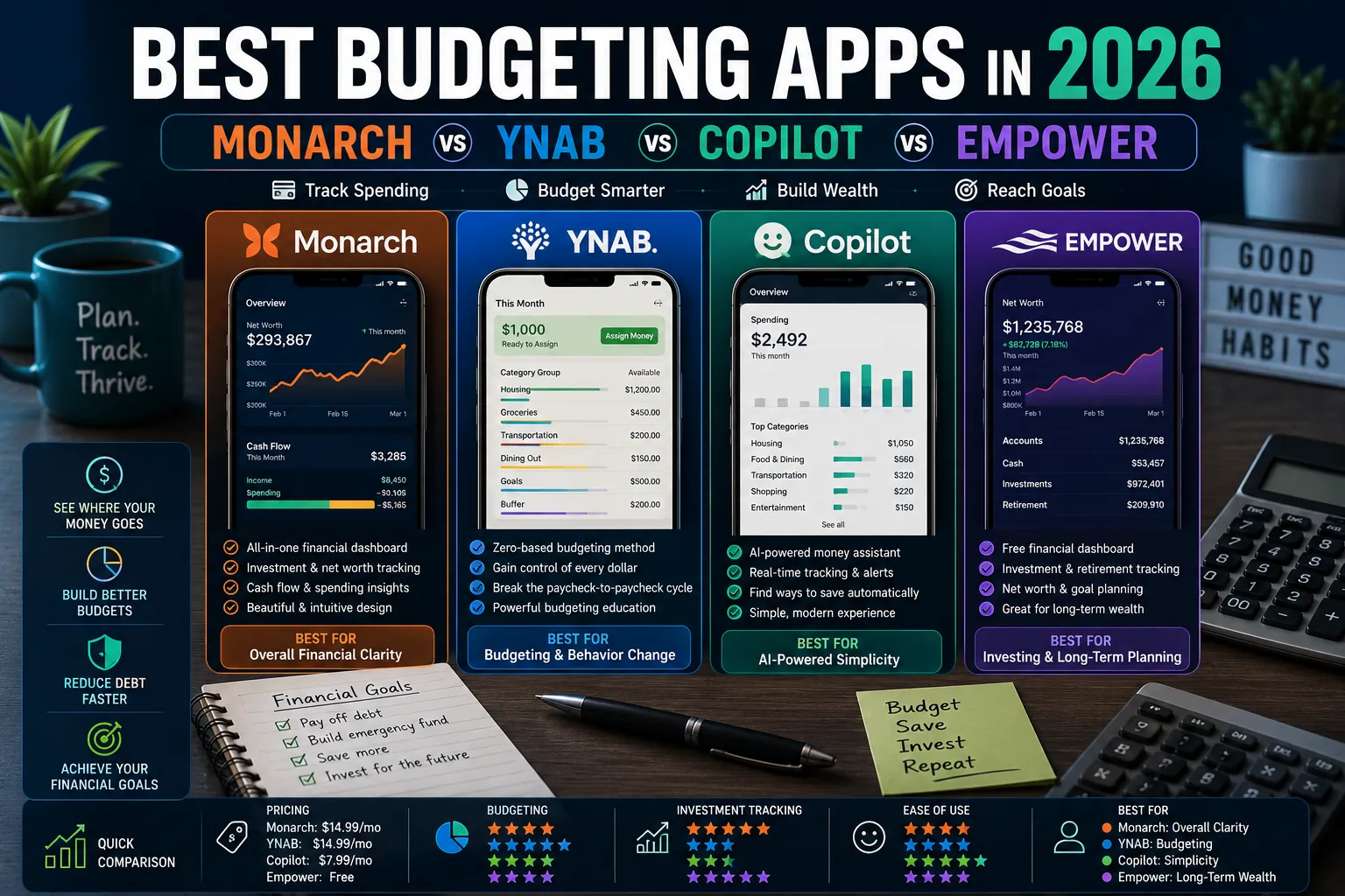 Comparison of Monarch, YNAB, Copilot, and Empower budgeting apps showing expense tracking, budgeting tools, net worth monitoring, and personal finance dashboards.