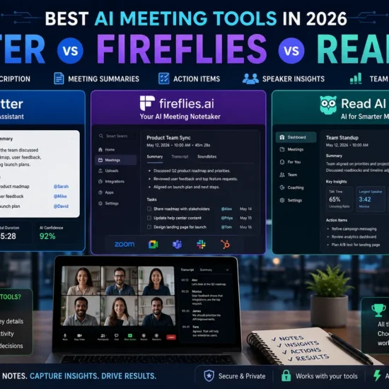 Comparison of Otter, Fireflies, and Read AI meeting assistants featuring AI transcription, meeting summaries, action items, speaker analytics, and team productivity tools.