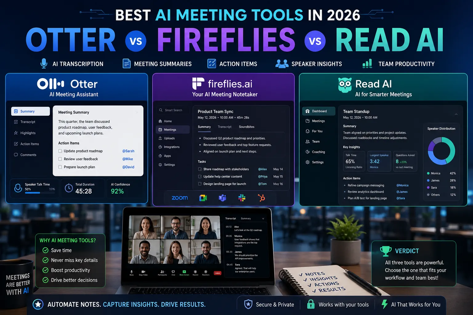 Comparison of Otter, Fireflies, and Read AI meeting assistants featuring AI transcription, meeting summaries, action items, speaker analytics, and team productivity tools.