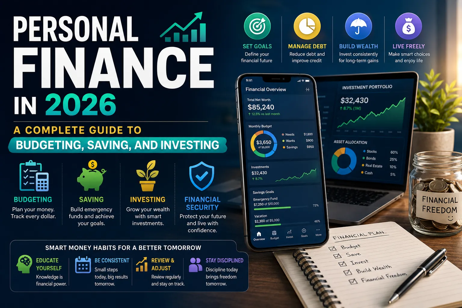 Personal finance guide showing budgeting tools, savings goals, investment portfolio tracking, wealth building strategies, and financial planning dashboard.