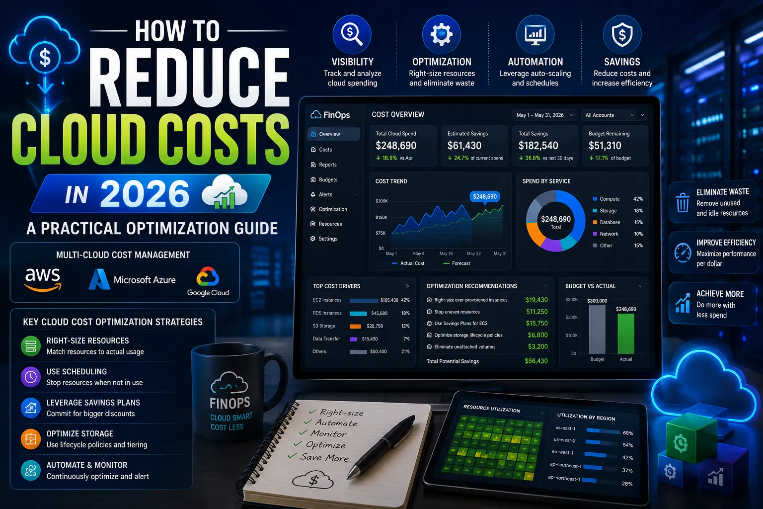 Cloud cost optimization dashboard showing spending analytics, FinOps reporting, resource utilization metrics, cloud savings strategies, and infrastructure cost reduction techniques.