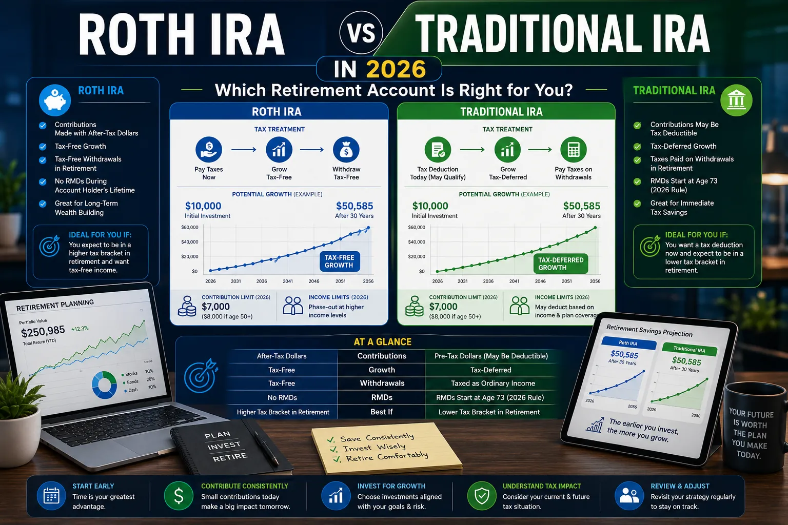 Comparison of Roth IRA and Traditional IRA retirement accounts showing tax advantages, investment growth, contribution rules, and retirement planning strategies.
