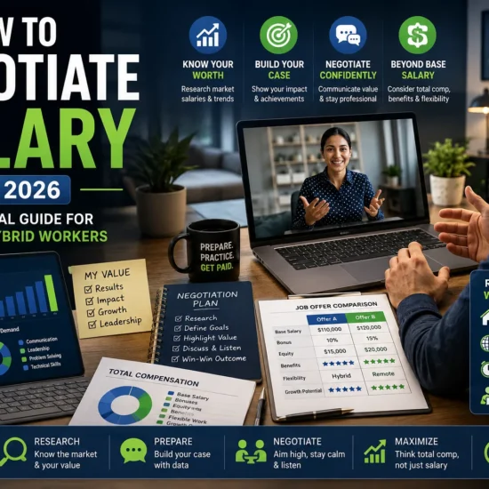 Professional salary negotiation guide showing a remote worker discussing compensation during a video call with salary research, job offer comparison, and negotiation planning tools.