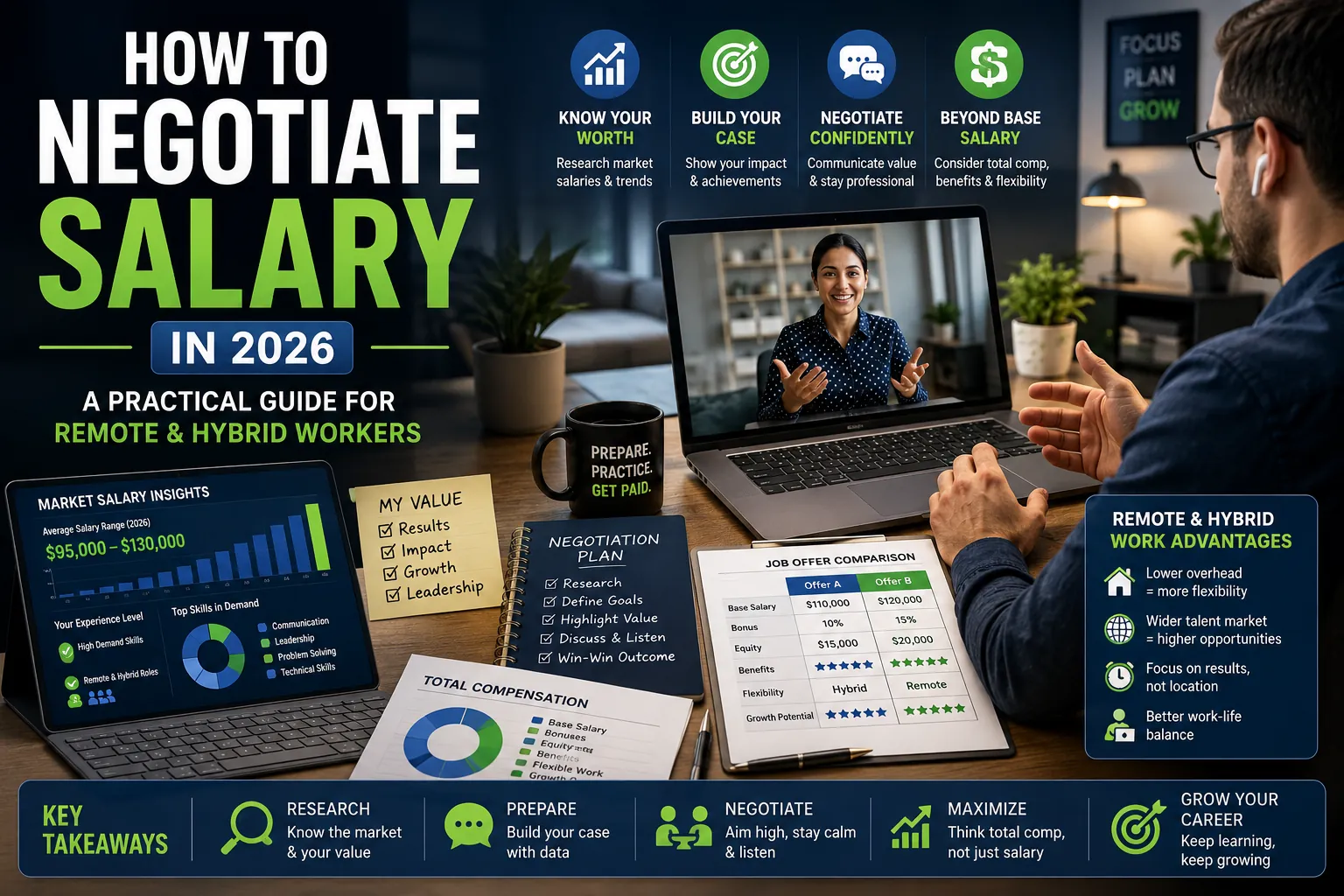 Professional salary negotiation guide showing a remote worker discussing compensation during a video call with salary research, job offer comparison, and negotiation planning tools.