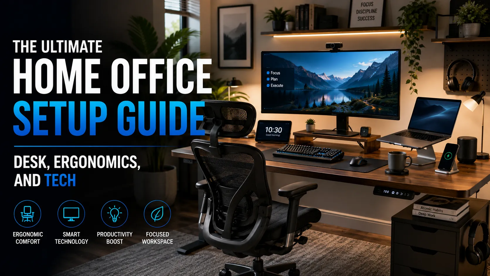 Modern home office setup featuring an ergonomic chair, adjustable desk, ultrawide monitor, productivity accessories, and smart workspace technology