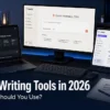Best AI writing tools in 2026 shown on a modern creator desk with ChatGPT, Claude and Jasper interfaces