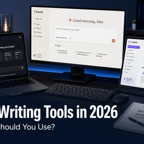Best AI writing tools in 2026 shown on a modern creator desk with ChatGPT, Claude and Jasper interfaces