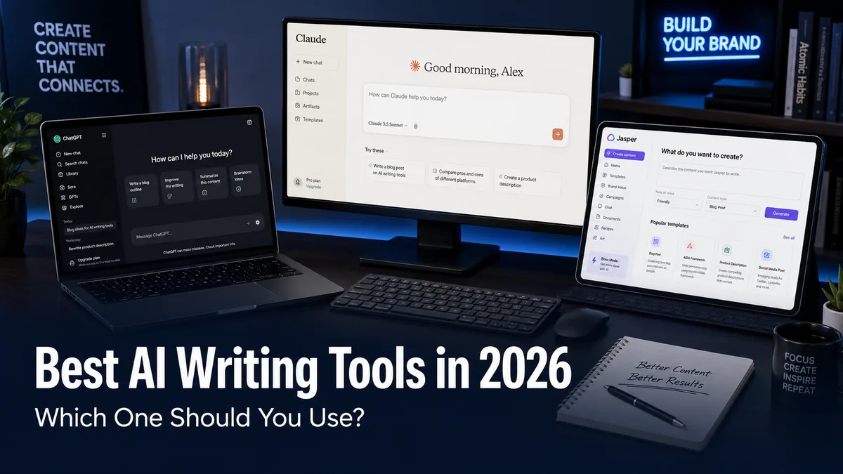 Best AI writing tools in 2026 shown on a modern creator desk with ChatGPT, Claude and Jasper interfaces
