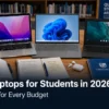Best laptops for students in 2026 with MacBook Air, Windows ultrabook, and Chromebook on a library desk
