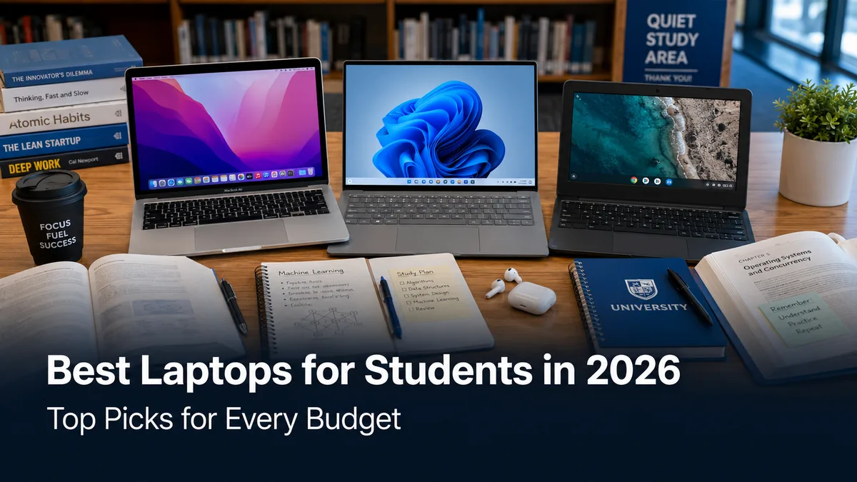 Best laptops for students in 2026 with MacBook Air, Windows ultrabook, and Chromebook on a library desk