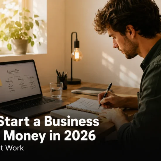 Entrepreneur working at a home desk with a laptop and notebook for starting a business with no money in 2026