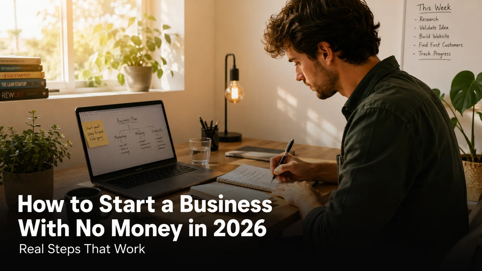 Entrepreneur working at a home desk with a laptop and notebook for starting a business with no money in 2026