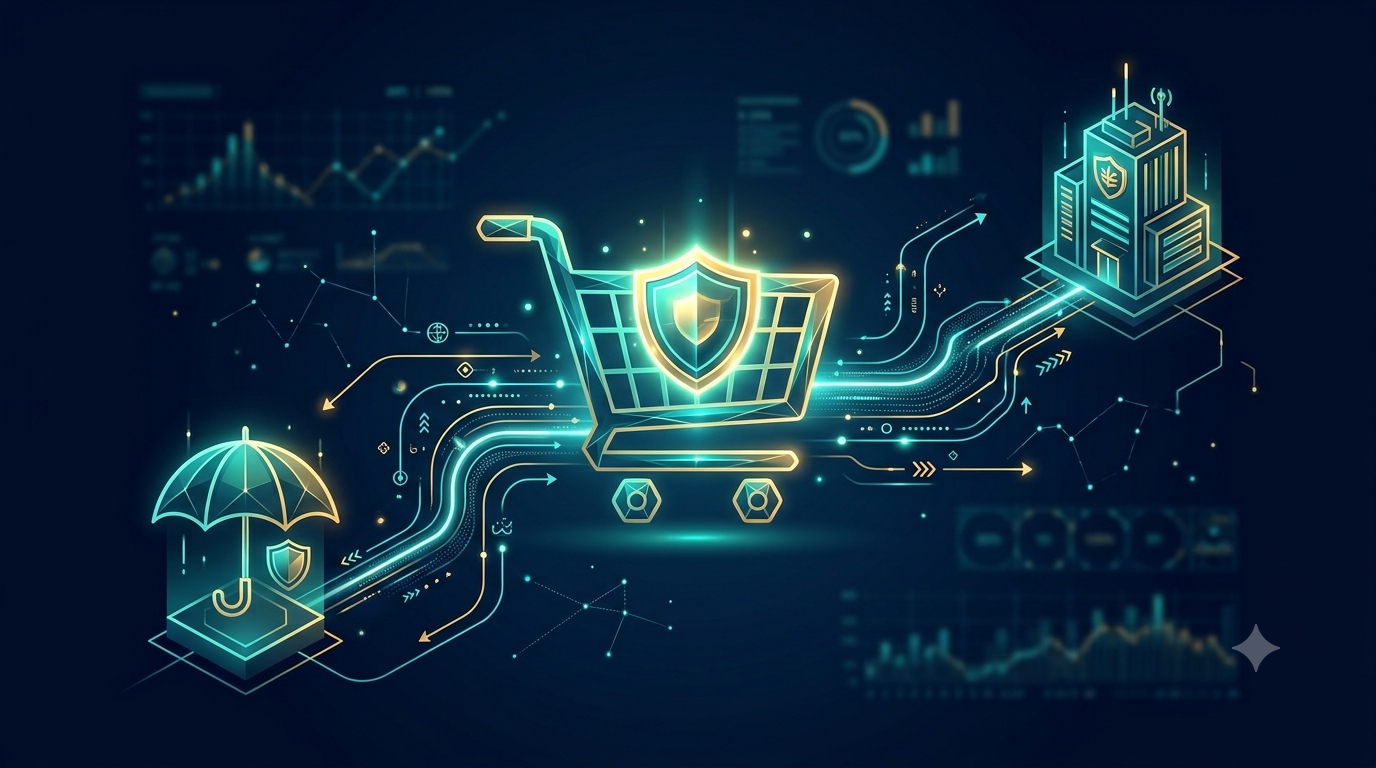 Stylized wireframe image showing a glowing shopping cart with a shield icon, with connection lines linking it to an umbrella and a carrier building.