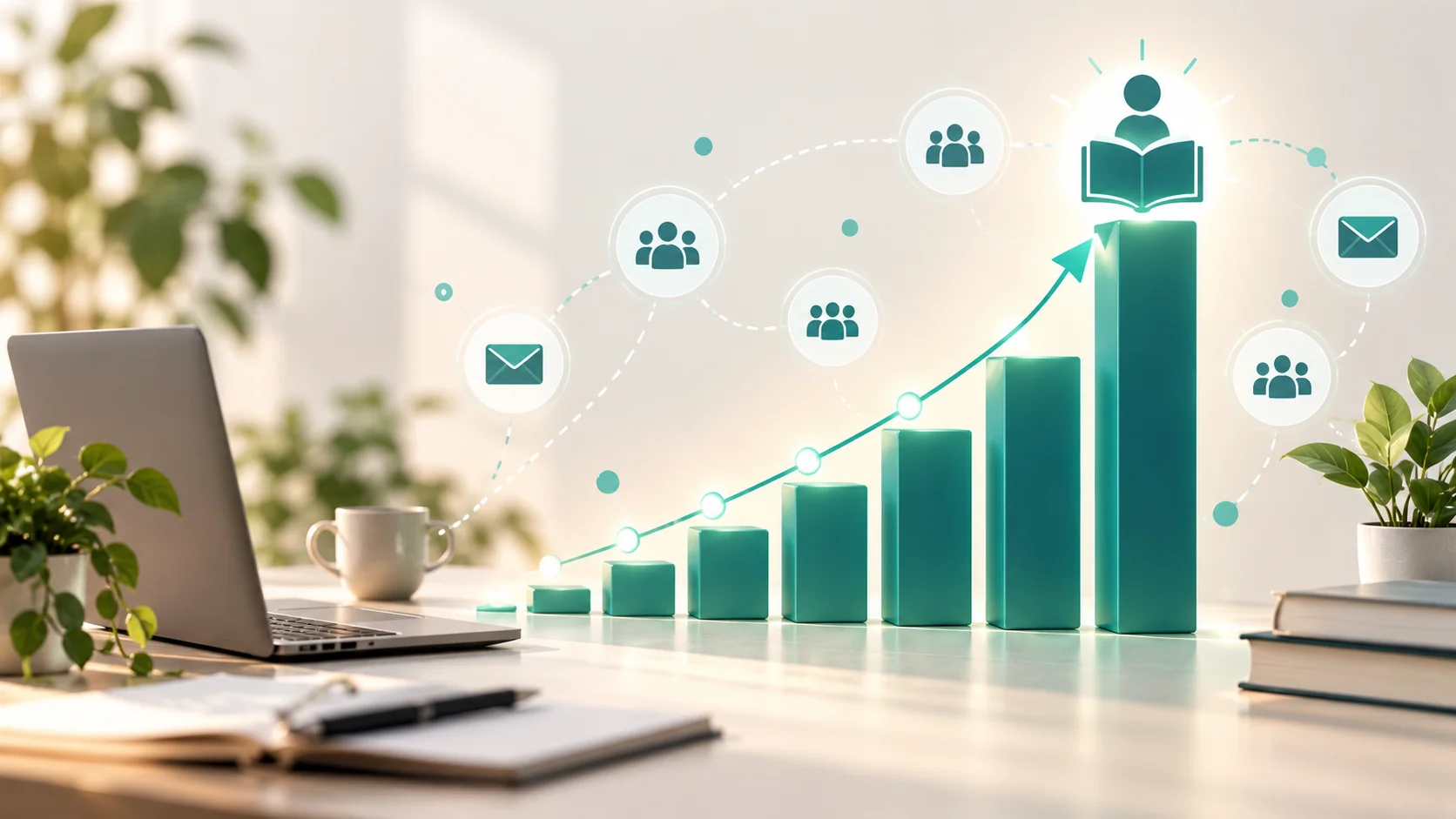 Blog audience growth chart with email and community engagement icons
