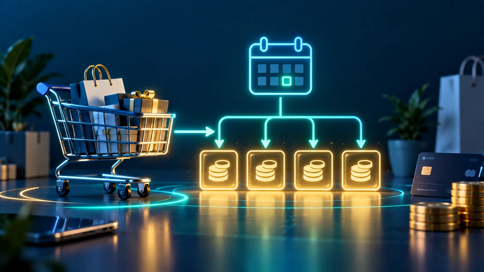 Buy now pay later illustration showing a shopping cart split into four installment payments