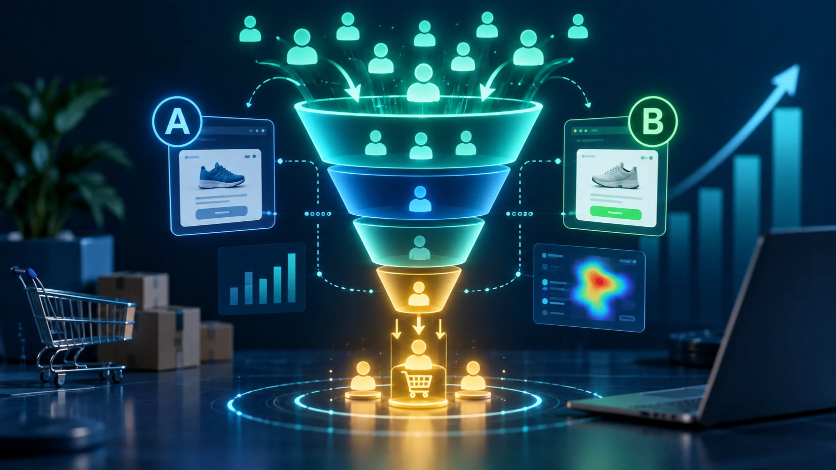 E-commerce conversion funnel with A/B testing and heatmap analytics