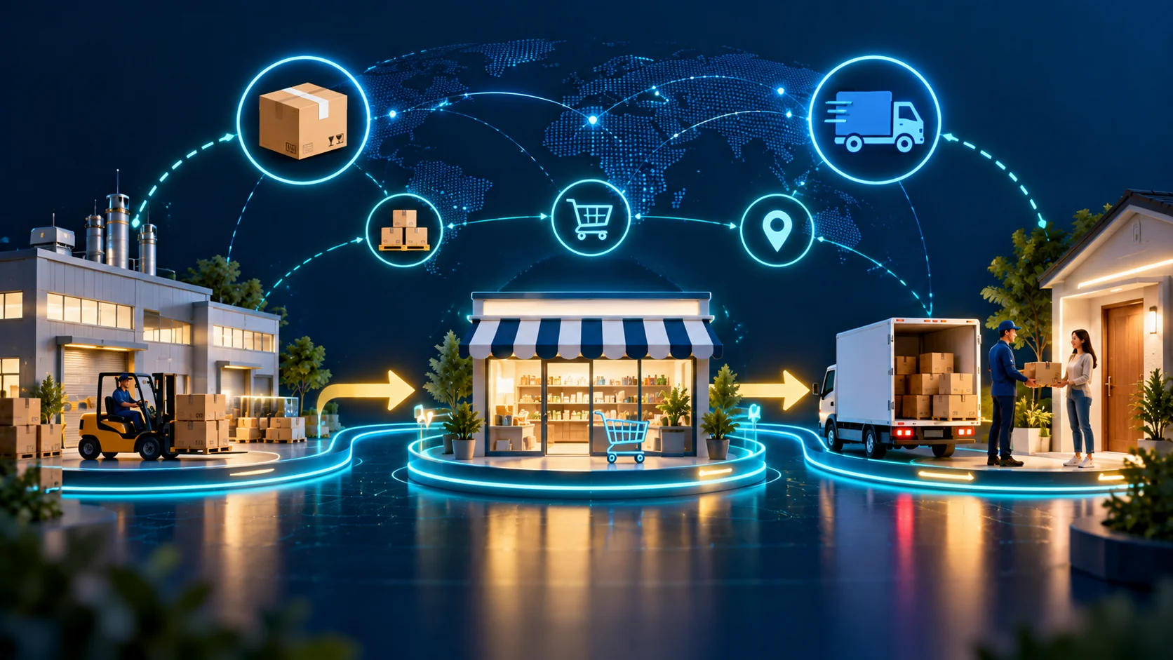 E-commerce supply chain connecting supplier, store, warehouse, truck, and customer delivery