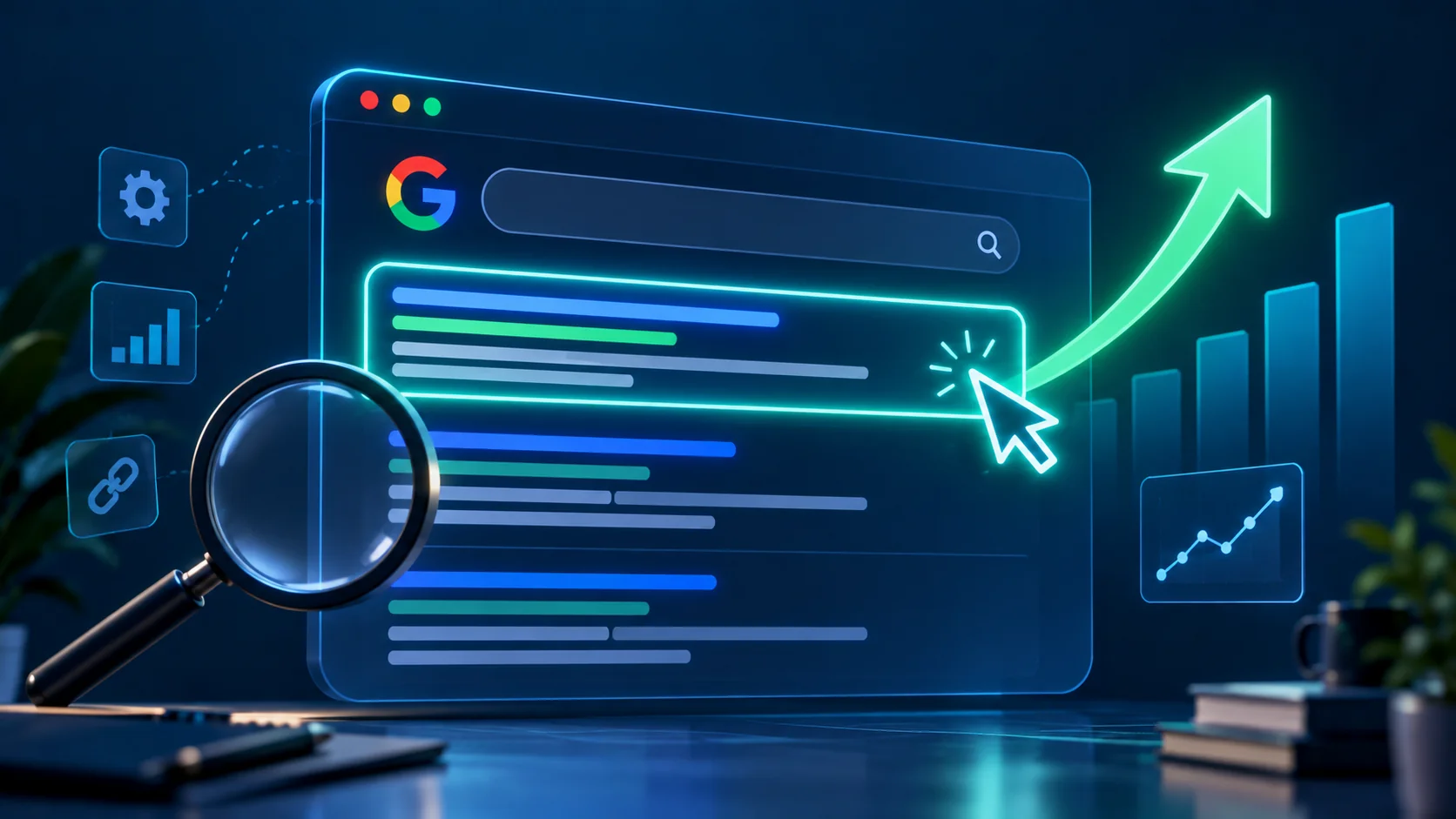 Google search result CTR illustration with highlighted listing and upward SEO growth arrow