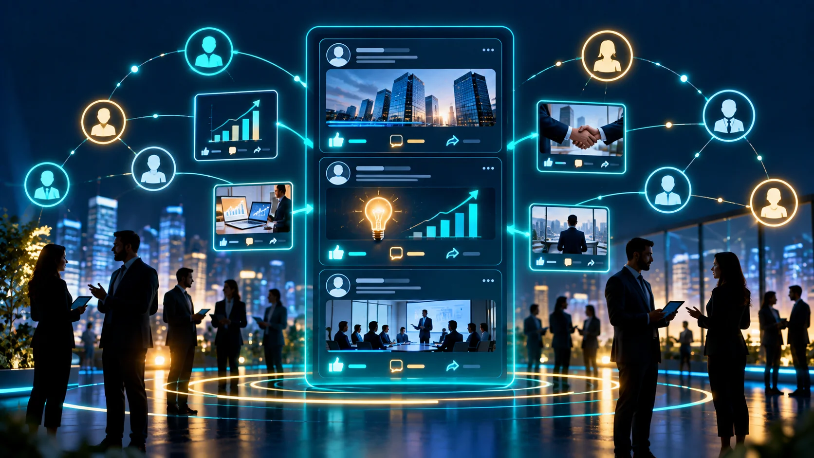 LinkedIn B2B content marketing feed with professional connections and engagement analytics