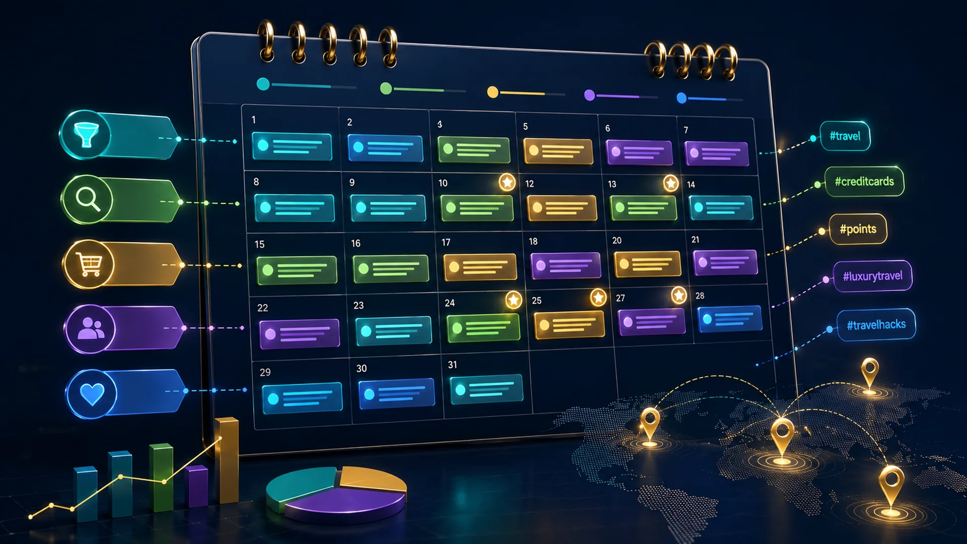 Marketing content calendar with color-coded funnel stages and content planning markers