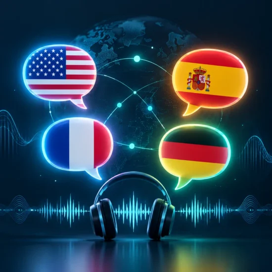 Multilingual language learning illustration with speech bubbles, headphones, and audio communication icons