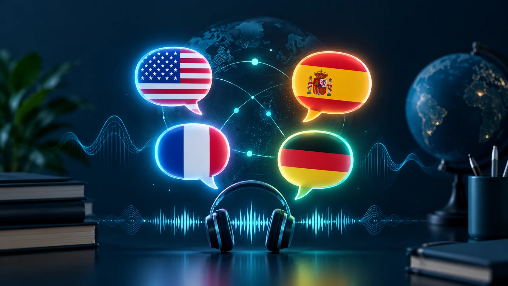 Multilingual language learning illustration with speech bubbles, headphones, and audio communication icons