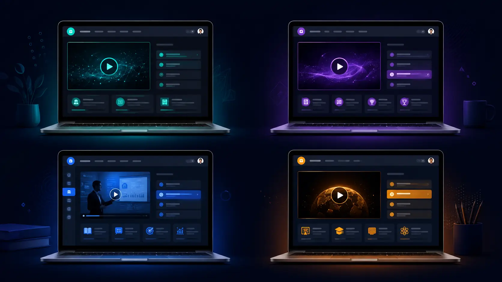 Four laptops displaying online learning course interfaces