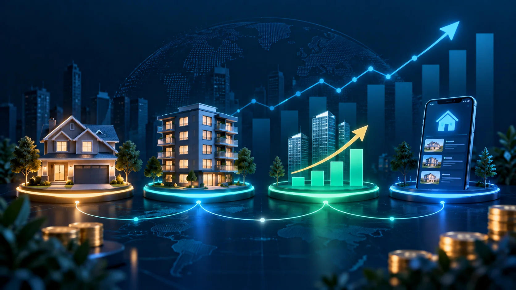 Real estate investment growth illustration with properties, REITs, mobile investing, and upward chart