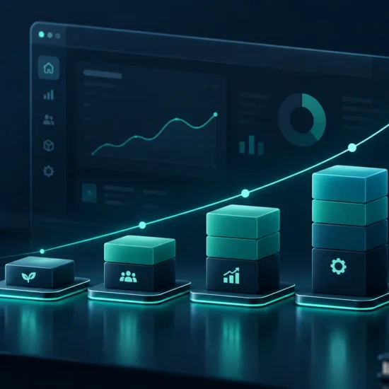 SaaS MRR growth chart with stacked recurring revenue blocks and dashboard analytics