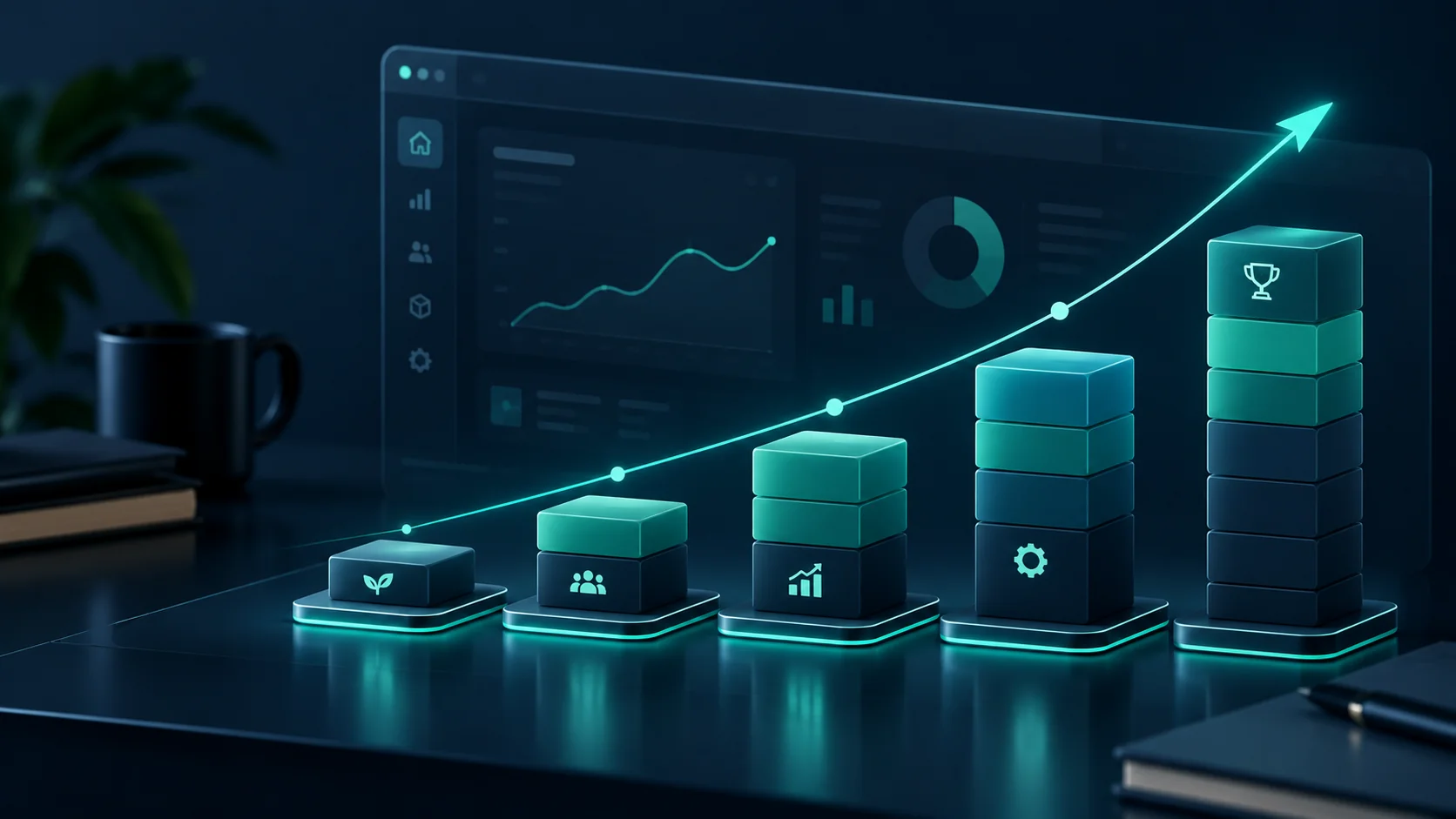 SaaS MRR growth chart with stacked recurring revenue blocks and dashboard analytics