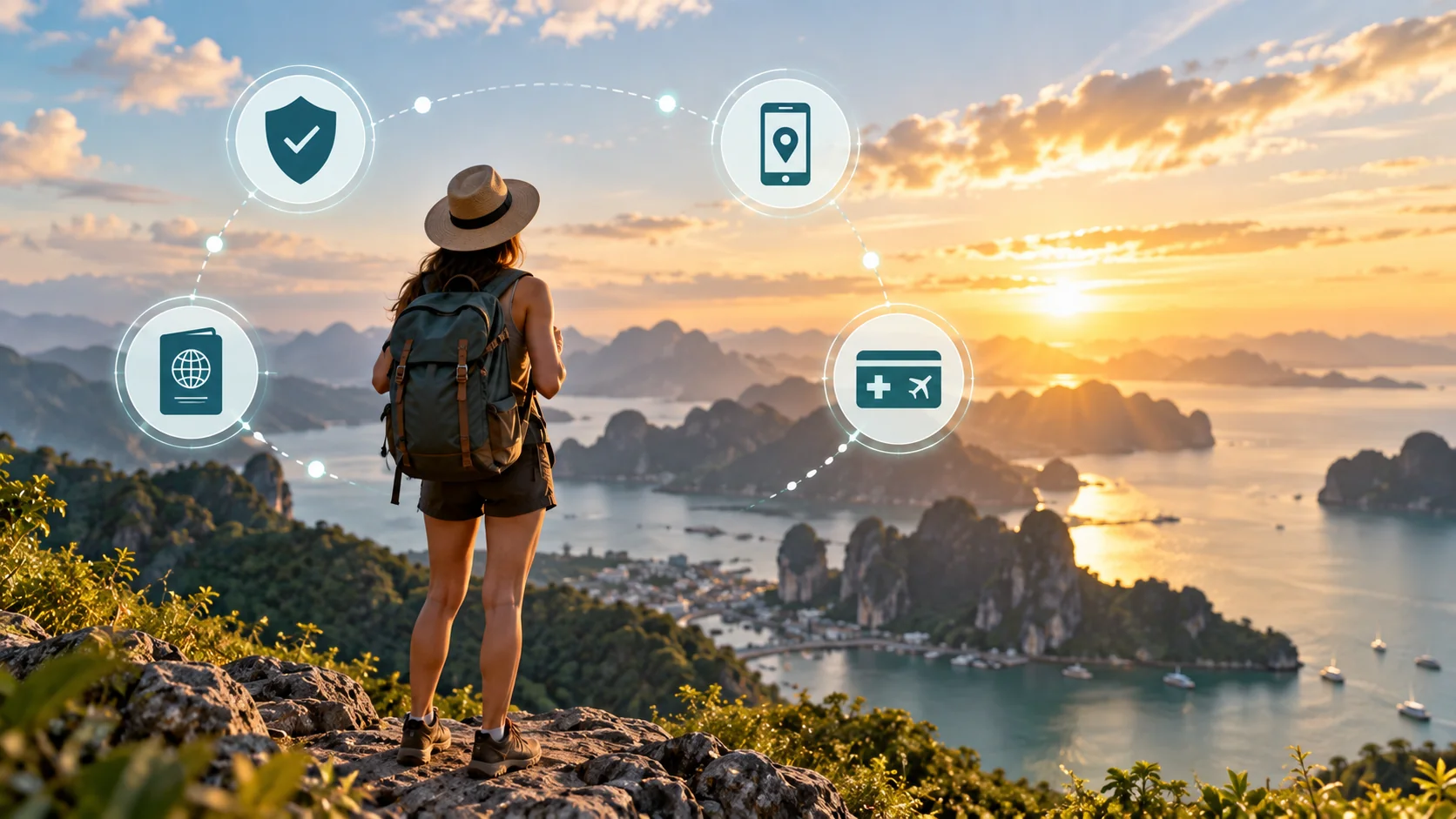 Solo traveler with backpack at a scenic overlook with travel safety icons